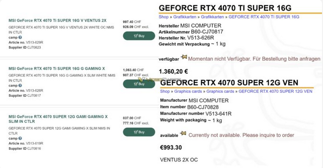 MSI RTX 40 SUPER cards at retailers, Source Various